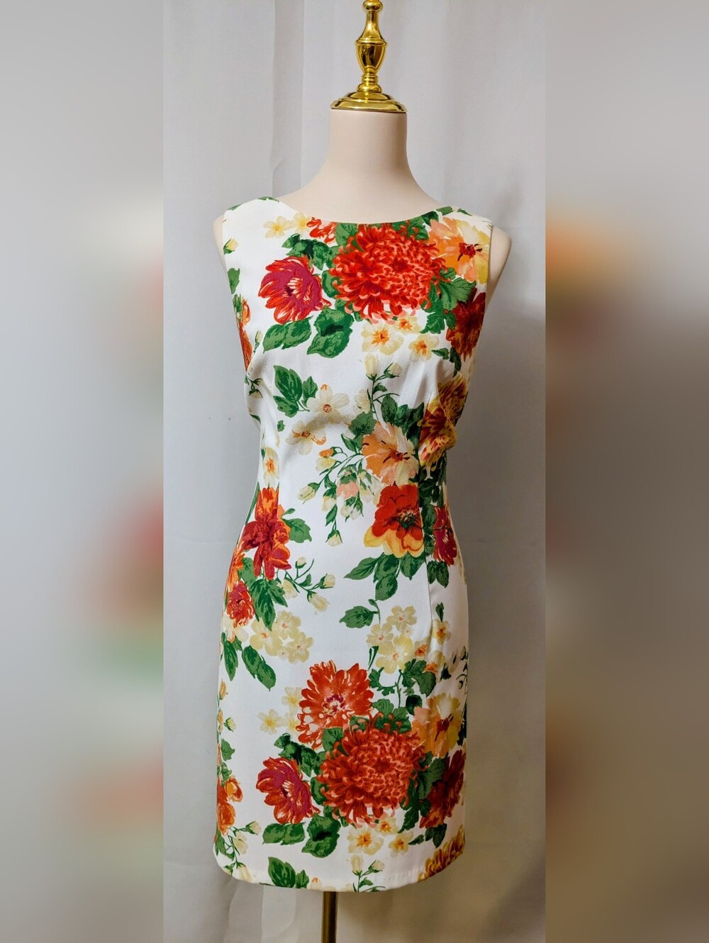 AGB White Floral Sheath Dress with Red and Orange Blooms
